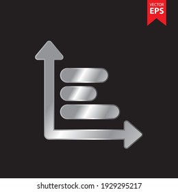 Icono de gráfico de barras en estilo plateado de moda aislado en fondo negro. Símbolo de negocio y oficinas para el diseño de su sitio web, logotipo, aplicación, interfaz de usuario. Ilustración vectorial Eps10.