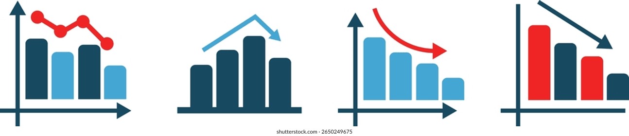 Bar chart icons. Growing chart with arrow. Business graph icons. Charts diagrams with down or up arrows. Vertical bar chart with different heights. Data analytics. Growing graph icon vector