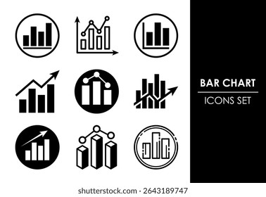 Ícones do gráfico de barras definir design, logotipo do gráfico, símbolo de sinal de crescimento preto no fundo branco