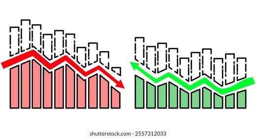 A bar chart illustration represents an economic or business trend. A red bar chart represents a downward trend. A green bar chart represents an upward trend.