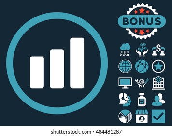Bar Chart Increase icon with bonus pictures. Vector illustration style is flat iconic bicolor symbols, blue and white colors, dark blue background.