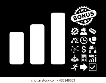 Bar Chart Increase pictograph with bonus elements. Vector illustration style is flat iconic symbols, white color, black background.