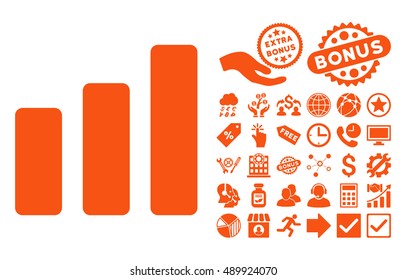 Bar Chart Increase pictograph with bonus elements. Vector illustration style is flat iconic symbols, orange color, white background.