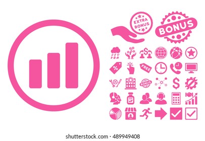 Bar Chart Increase pictograph with bonus clip art. Vector illustration style is flat iconic symbols, pink color, white background.