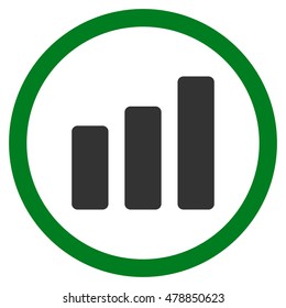 Bar Chart Increase vector bicolor rounded icon. Image style is a flat icon symbol inside a circle, green and gray colors, white background.