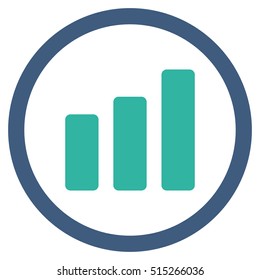 Bar Chart Increase vector bicolor rounded icon. Image style is a flat icon symbol inside a circle, cobalt and cyan colors, white background.