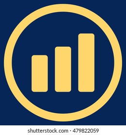 Bar Chart Increase vector rounded icon. Image style is a flat icon symbol inside a circle, yellow color, blue background.