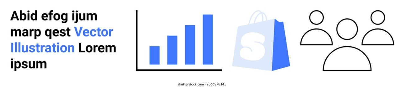 Bar chart with increasing bars in blue tones and a shopping bag icon. Three outlined human figures representing a community. Ideal for business analysis, e-commerce, marketing, growth, and community