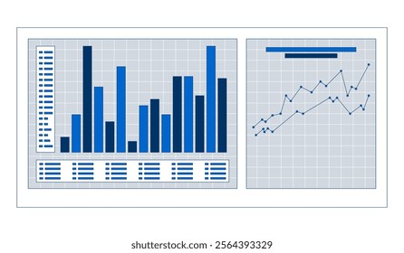 Bar chart and line graph on dashboard 2D cartoon object. Data analysis, comparison metrics on grid. Statistical reporting isolated element flat vector clipart on white background. Spot illustration