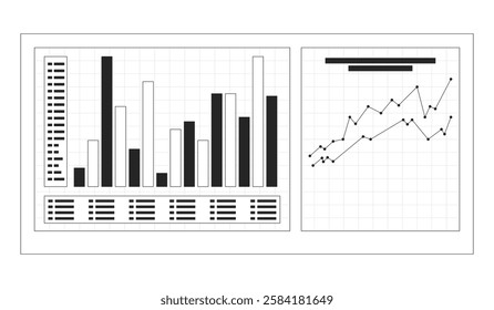 Bar chart and line graph on dashboard black and white 2D line object. Data analysis, comparison metrics on grid. Statistical report isolated clip art vector outline item. Monochrome spot illustration