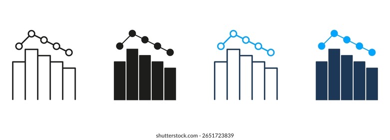 Bar Chart With Line Graph Trend Line And Solid Icon Set. Data Analysis, Financial Performance, And Business Growth Tracking Symbol Collection. Statistical Tools. Isolated Vector Illustration.