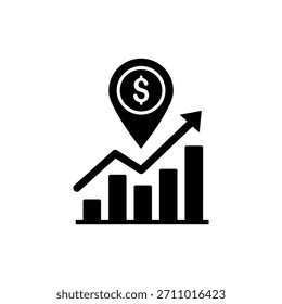 Gráfico de barras com pin de localização simbolizando o crescimento financeiro geográfico