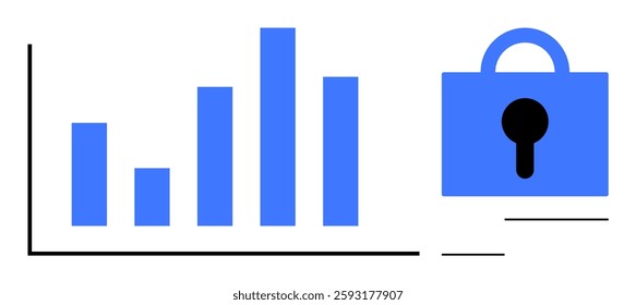 Bar chart with a lock symbol showing secure data analytics and protection. Ideal for data privacy, cybersecurity, secure data presentation, statistical analysis, and business intelligence. Simple