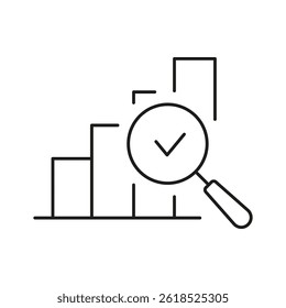 Bar Chart With Magnifying Glass And Checkmark Line Icon. Data Analysis, Verification, And Business Insights Outline Symbol. Performance Evaluation. Editable Stroke. Isolated Vector Illustration.