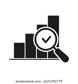 Bar Chart With Magnifying Glass And Checkmark Solid Icon. Data Analysis, Performance Evaluation, And Business Insight Silhouette Symbol. Financial Growth Assessment. Isolated Vector Illustration.