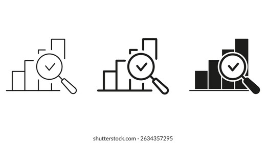 Gráfico De Barras Com Lupa, Linha De Marca De Seleção E Conjunto De Ícones Sólidos. Análise De Dados, Desempenho. Coleção de Símbolos do Business Insight. Crescimento E Sucesso Financeiros. Ilustração de vetor isolada.