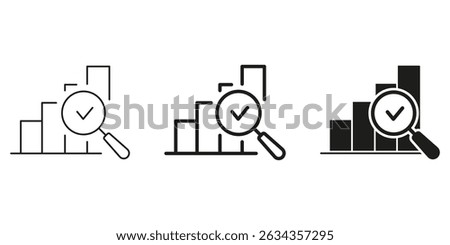 Bar Chart With Magnifying Glass And Checkmark Line And Solid Icon Set. Data Analysis, Performance. Business Insight Symbol Collection. Financial Growth And Success. Isolated Vector Illustration.