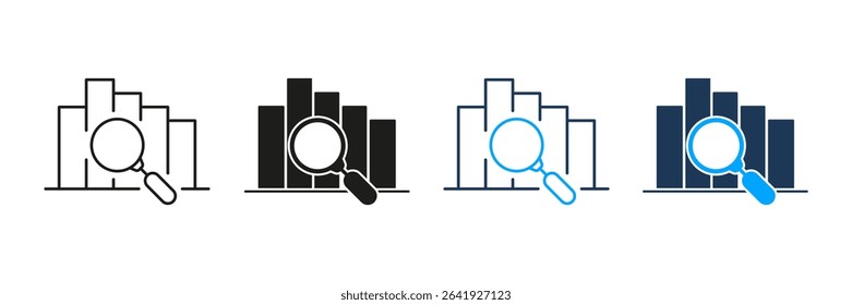 Bar Chart With Magnifying Glass Line And Solid Icon Set. Data Analysis, Business Insights, And Statistical Evaluation Symbol Collection. Financial And Market Research. Isolated Vector Illustration.