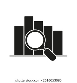 Bar Chart With Magnifying Glass Solid Icon. Data Analysis, Business Insights, And Statistical Evaluation Silhouette Symbol. Financial Research And Market Trends. Isolated Vector Illustration.