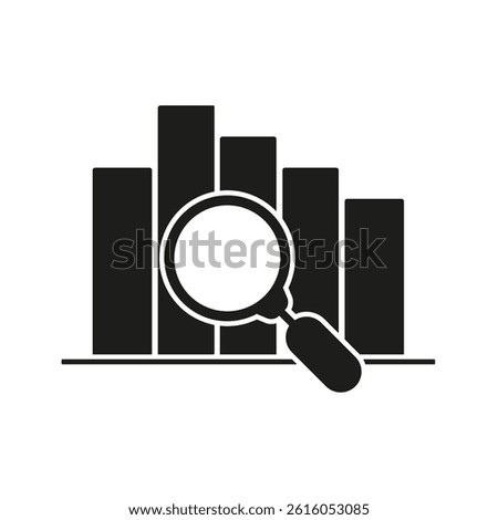 Bar Chart With Magnifying Glass Solid Icon. Data Analysis, Business Insights, And Statistical Evaluation Silhouette Symbol. Financial Research And Market Trends. Isolated Vector Illustration.