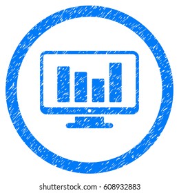 Bar Chart Monitoring grainy textured icon inside circle for overlay watermark stamps. Flat symbol with unclean texture. Circled vector blue rubber seal stamp with grunge design.