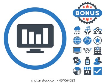 Bar Chart Monitoring icon with bonus symbols. Vector illustration style is flat iconic bicolor symbols, smooth blue colors, white background.