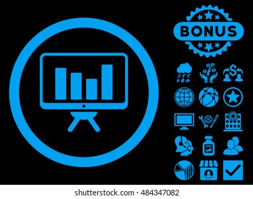 Bar Chart Monitoring icon with bonus images. Vector illustration style is flat iconic symbols, blue color, black background.