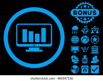 Bar Chart Monitoring icon with bonus elements. Vector illustration style is flat iconic symbols, blue color, black background.