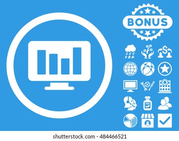 Bar Chart Monitoring icon with bonus pictures. Vector illustration style is flat iconic symbols, white color, blue background.