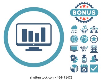 Bar Chart Monitoring icon with bonus images. Vector illustration style is flat iconic bicolor symbols, cyan and blue colors, white background.