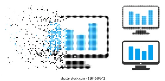 Bar chart monitoring icon in fractured, pixelated halftone and entire variants. Elements are composed into vector dispersed bar chart monitoring icon. Disappearing effect involves square particles.