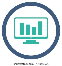 Bar Chart Monitoring vector bicolor rounded icon. Image style is a flat icon symbol inside a circle, cobalt and cyan colors, white background.