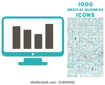 Bar Chart Monitoring vector bicolor icon with 1000 medical business icons. Set style is flat pictograms, grey and cyan colors, white background.