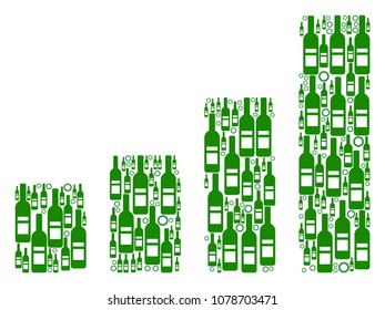 Bar Chart mosaic of alcohol bottles and round bubbles in variable sizes and green colors. Vector items are united into bar chart mosaic. Bottle vector illustration.