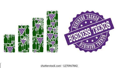 Bar chart mosaic of alcohol bottles and grape and grunge stamp seal. Isolated vectors in green and purple colors on a white background for bars, alcohol shop banners, ads, concepts.