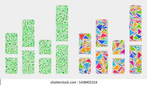 Bar chart mosaic icon of triangle elements which have variable sizes and shapes and colors. Geometric abstract vector design concept of bar chart.