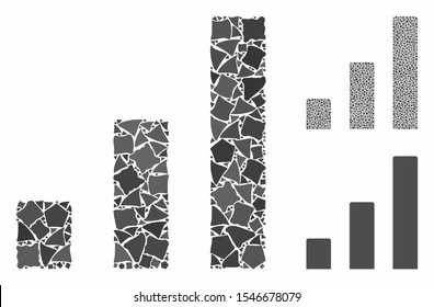 Bar chart mosaic of joggly items in variable sizes and color tinges, based on bar chart icon. Vector unequal items are composed into mosaic. Bar chart icons collage with dotted pattern.