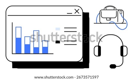 Bar chart on a business webpage, briefcase, and headset. Ideal for business, office, communication, finance, technology, remote work, and productivity themes. Line metaphor