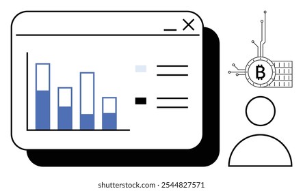 Gráfico de barras en una ventana de la computadora junto a un símbolo de criptomoneda y un contorno de un usuario. Ideal para finanzas, tecnología, análisis de datos, criptomonedas e innovación digital. Estilo minimalista