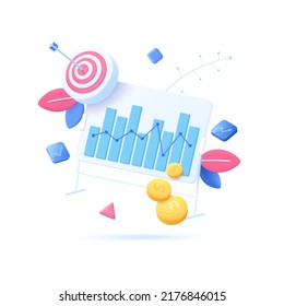 Gráfico de barras en pizarra, blanco de tiro con flecha en el centro, monedas en dólares. Concepto de logro de los indicadores de actividades, planificación financiera estratégica. Ilustración vectorial moderna en pseudo estilo 3d.