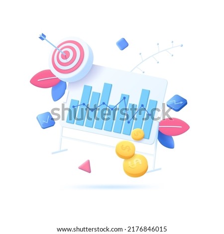 Bar chart on whiteboard, shooting target with arrow in center, dollar coins. Concept of achievement of business indicators, strategic financial planning. Modern vector illustration in pseudo 3d style.