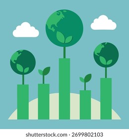 Gráfico de barras con el planeta tierra y el gráfico de plantas en crecimiento