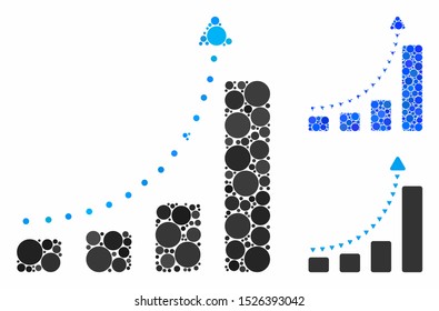 Bar chart positive trend composition for bar chart positive trend icon of round dots in different sizes and color tinges. Vector round dots are united into blue mosaic.