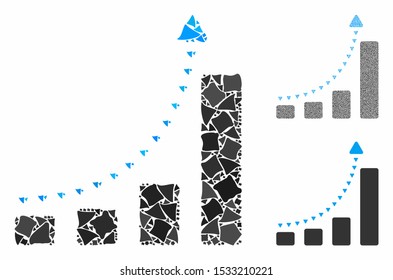Bar chart positive trend composition of humpy pieces in variable sizes and color tones, based on bar chart positive trend icon. Vector uneven parts are composed into composition.