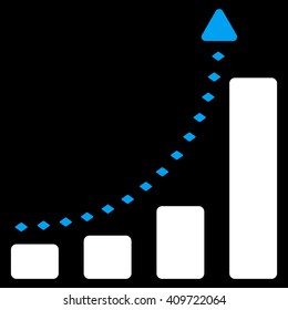 Bar Chart Positive Trend vector toolbar icon. Style is bicolor flat icon symbol, blue and white colors, black background, rhombus dots.
