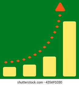 Bar Chart Positive Trend vector toolbar icon. Style is bicolor flat icon symbol, orange and yellow colors, green background, rhombus dots.