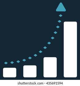 Bar Chart Positive Trend vector toolbar icon. Style is bicolor flat icon symbol, blue and white colors, dark blue background, rhombus dots.