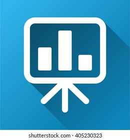 Bar Chart Presentation Board vector toolbar icon for software design. Style is a white symbol on a square blue background with gradient long shadow.