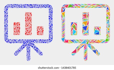 Bar chart presentation collage icon of triangle items which have variable sizes and shapes and colors. Geometric abstract vector design concept of bar chart presentation.