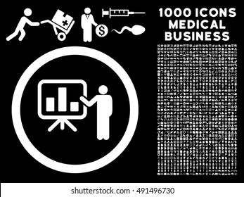 Bar Chart Presentation icon with 1000 medical commerce white vector pictographs. Clipart style is flat symbols, black background.